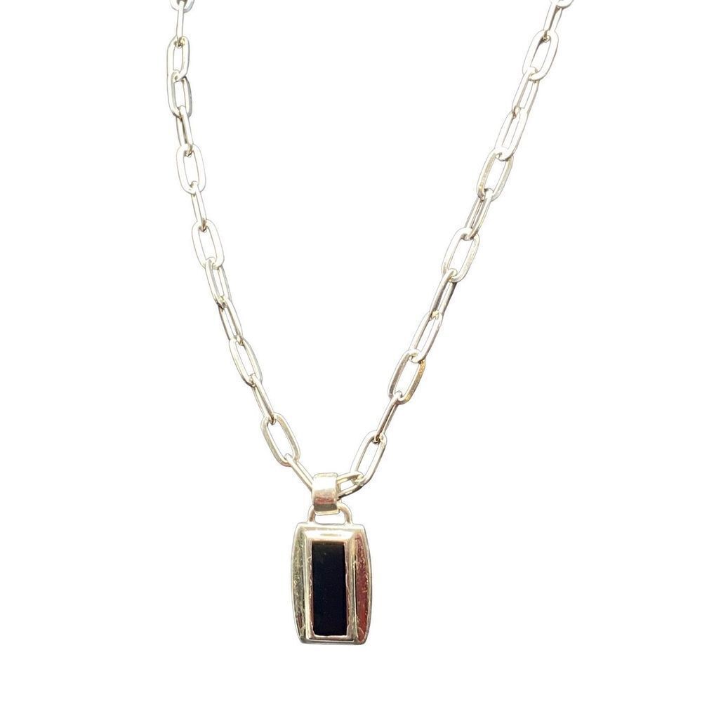 Silvertone paper clip chain with silver and black rectangular pendant